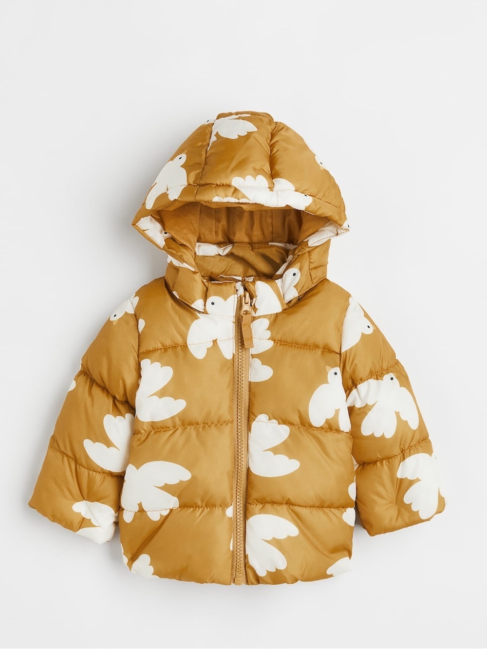 H&M Brown Puffer Jacket with White Bird Print